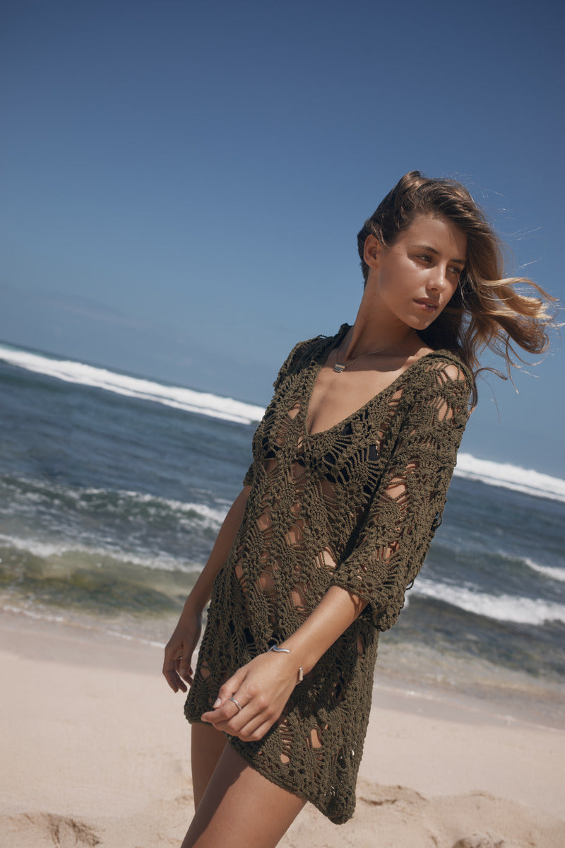 Khaki green cotton crochet mini dress