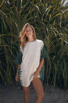 Model wearing cotton hemp tie dye tee shirt mini dress 