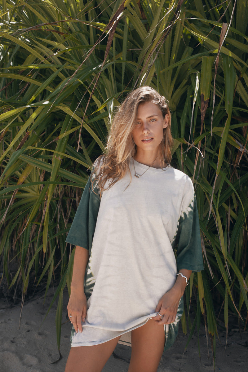 Model wearing cotton hemp tie dye tee shirt mini dress 