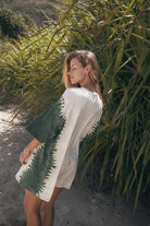 Model wearing cotton hemp tie dye tee shirt mini dress 