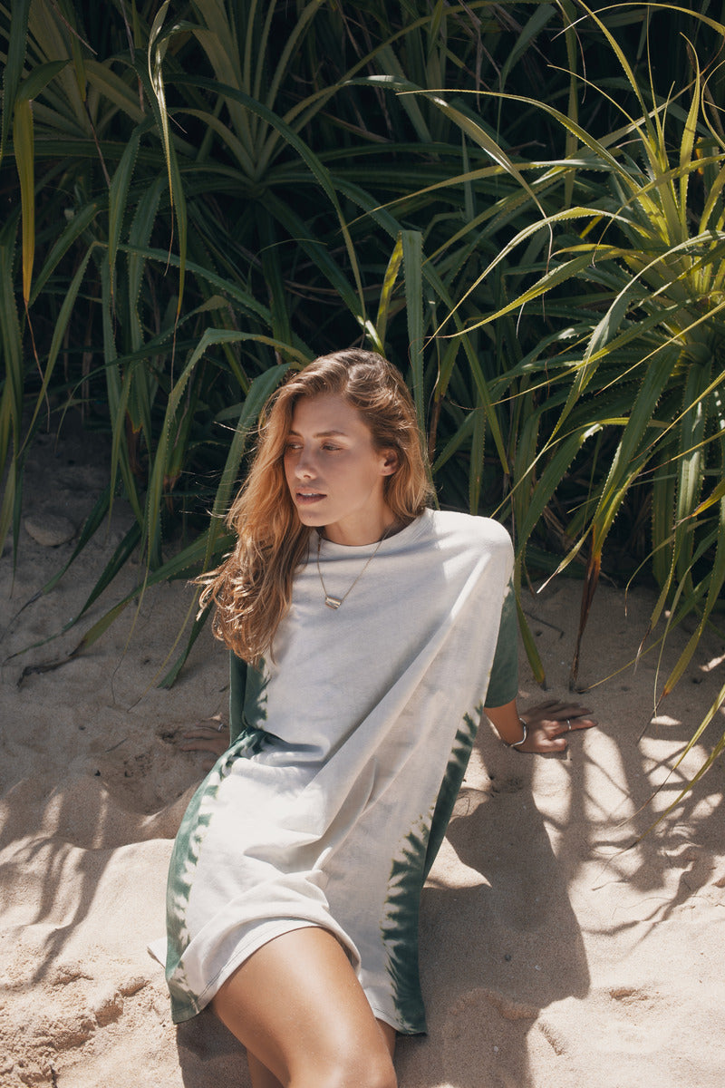 Model wearing cotton hemp tie dye tee shirt mini dress 