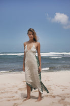 Model wearing green tie dye cotton hemp maxi dress