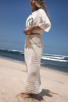 White cotton crochet maxi skirt with oversized tee