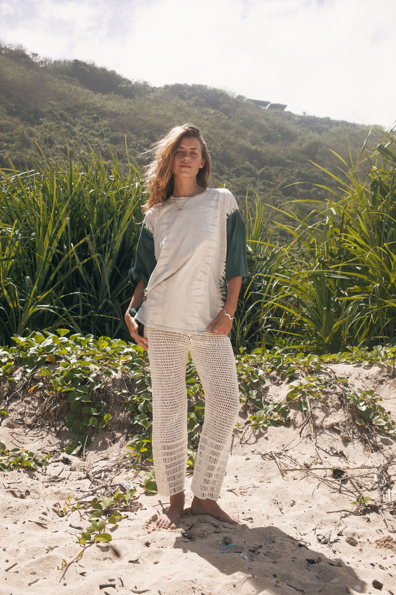 Womens cotton cream crochet pant with tie dye green tee