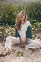 Women wearing cotton hemp green and white tie dye tee 