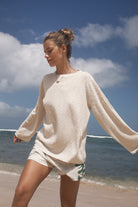 Beige ribbed cotton long sleeve top 