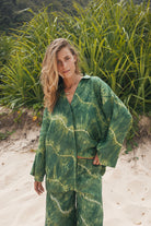 Womens green linen tie dye shirt, front view