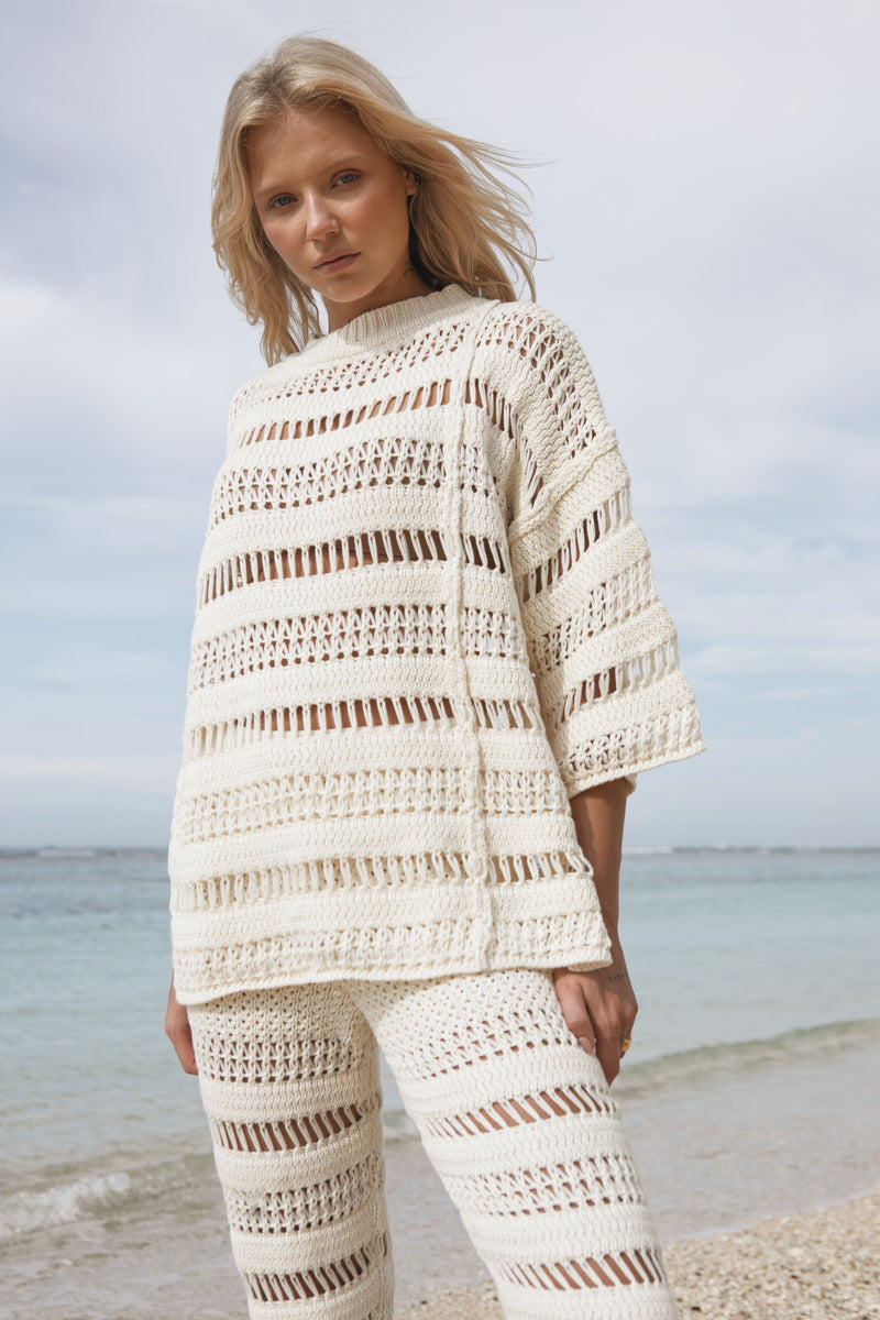 Women's cream cotton knit top with matching pant