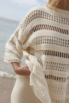 Women's cream cotton knit top close up view