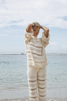 Women's cream cotton knit top and pant set