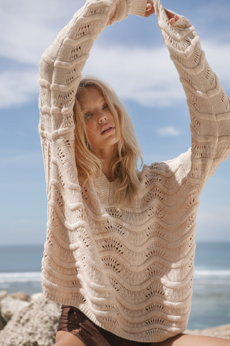 Womens beige Merino wool blend knit jumper front view