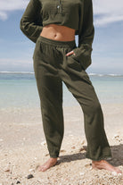 Women's olive cotton pant front view
