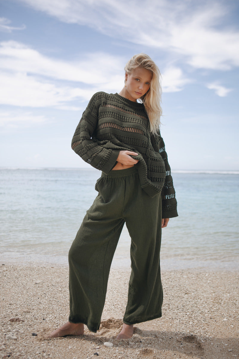 Women's olive cotton pant with knit jumper