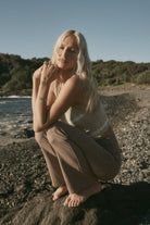 brown stretch pant front view 