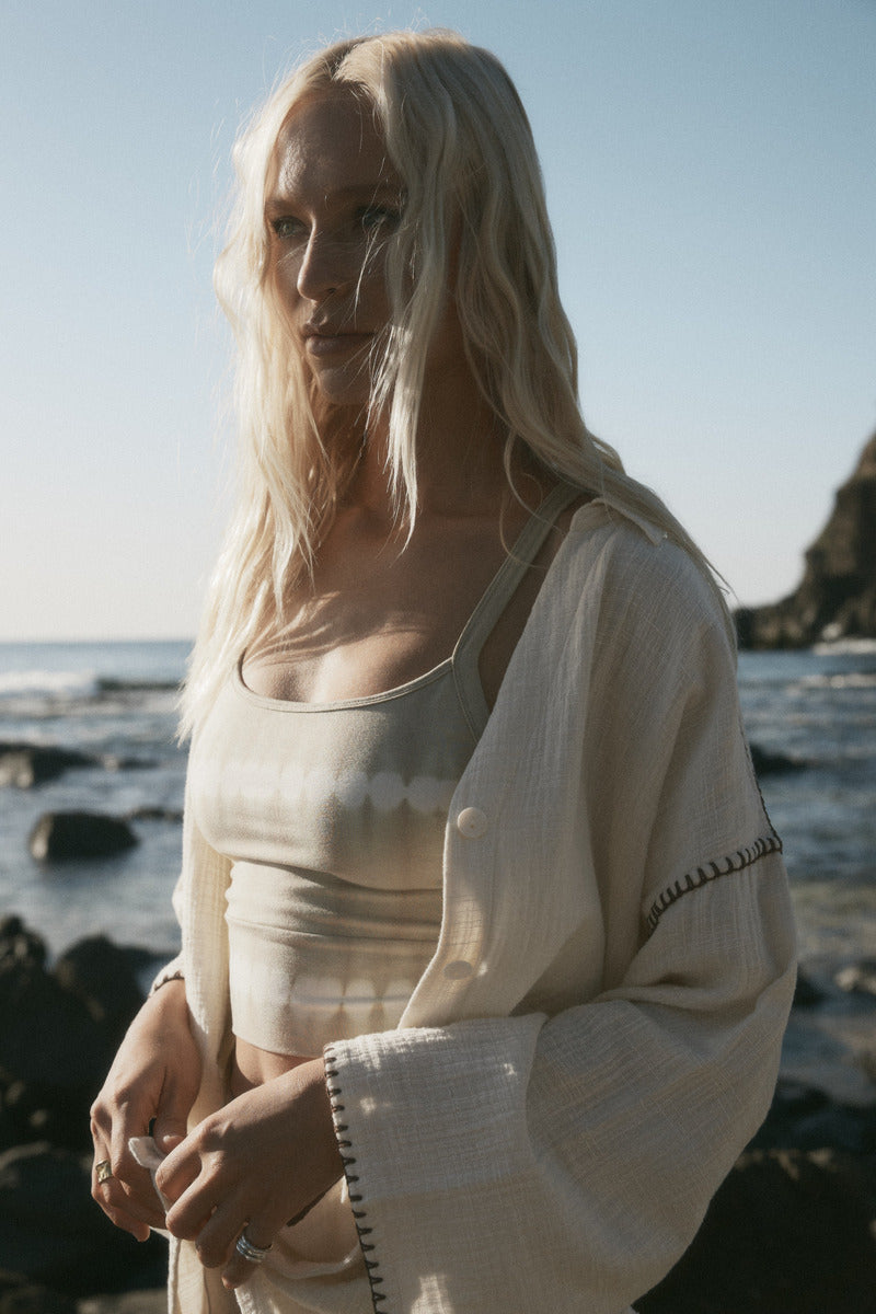 womens cotton cream shirt with contrast stitch and bralette front view