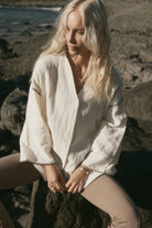 womens cotton cream shirt with contrast stitch front view