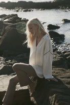 womens cotton cream shirt with contrast stitch front view