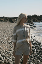 womens beige cotton knit short with tie dye tee front view 