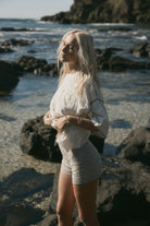 womens cotton cream top with knit short front view