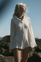 womens cotton cream jumpsuit with contrast stitch front view