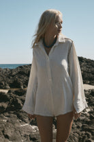 womens cotton cream jumpsuit with contrast stitch front view