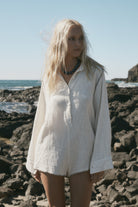 womens cotton cream jumpsuit with contrast stitch front view