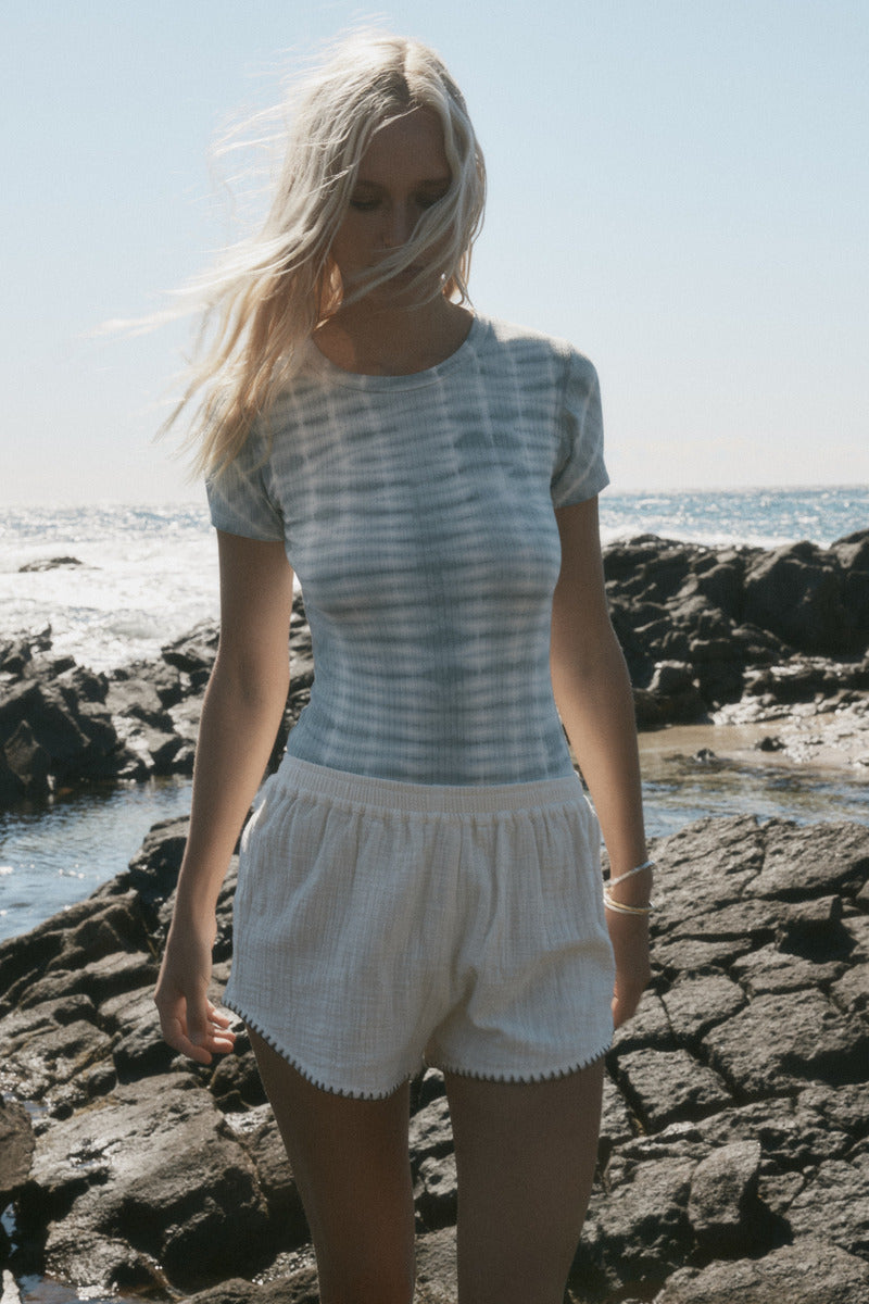 womens cotton cream contrast stitch short front view