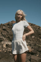 womens cotton cream contrast stitch short front view