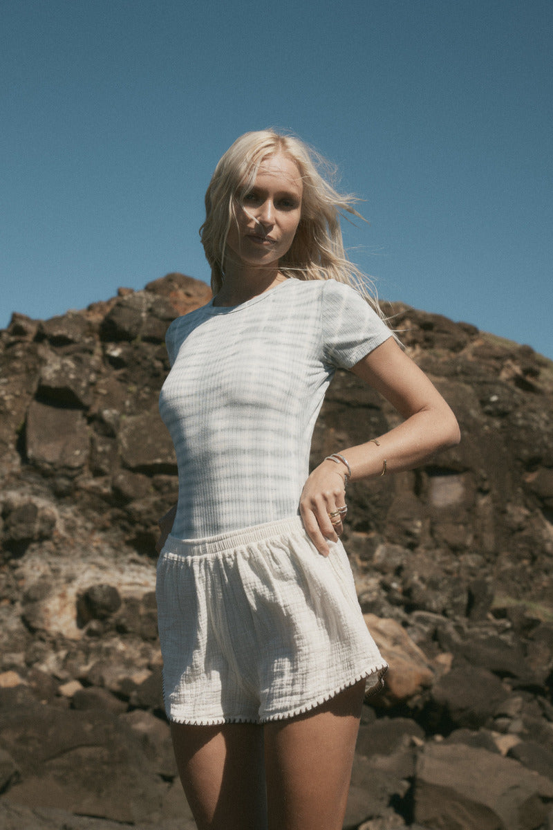 womens cotton cream contrast stitch short front view