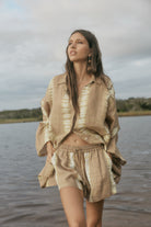 womens linen taupe tie dye short and shirt front view
