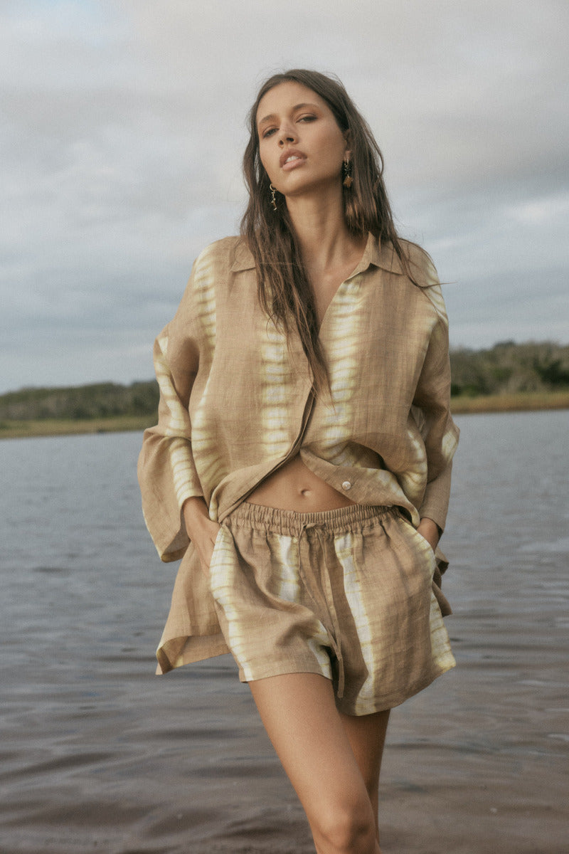 womens linen taupe tie dye shirt front view