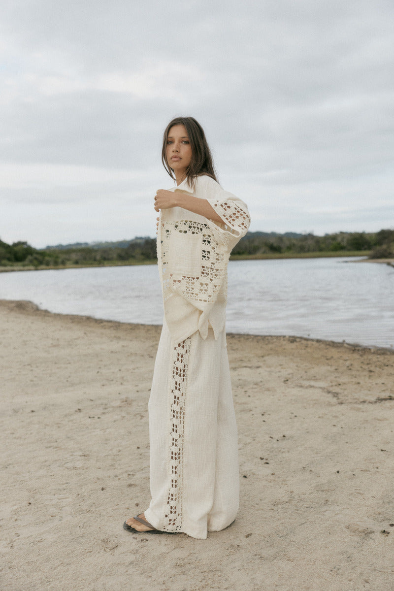 womens cream cotton crochet set side vuew