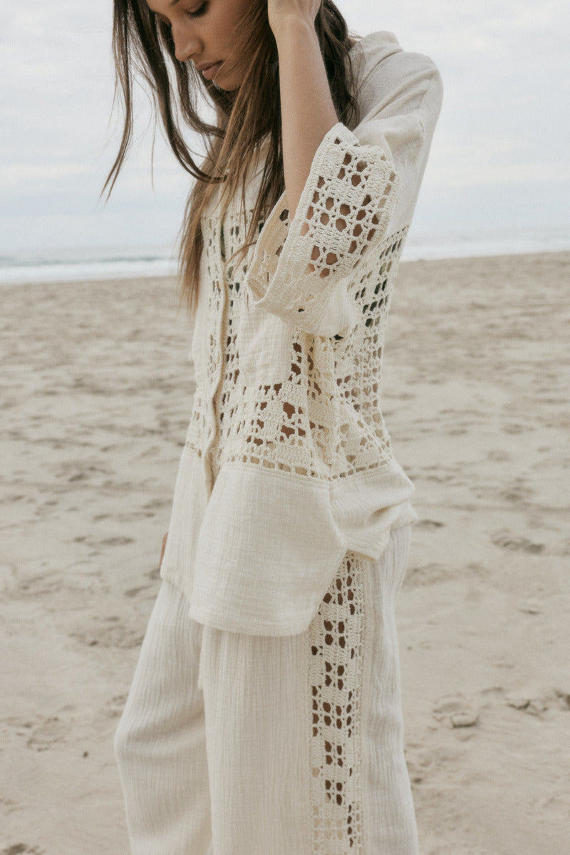 womens cream cotton crochet set close up 