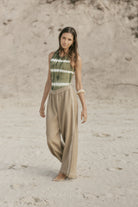 womens taupe cotton waffle pant with side stripe 