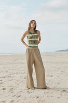 womens taupe cotton waffle pant with side stripe 