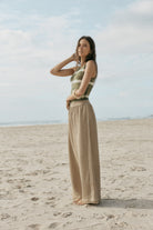 womens taupe cotton waffle pant with side stripe 