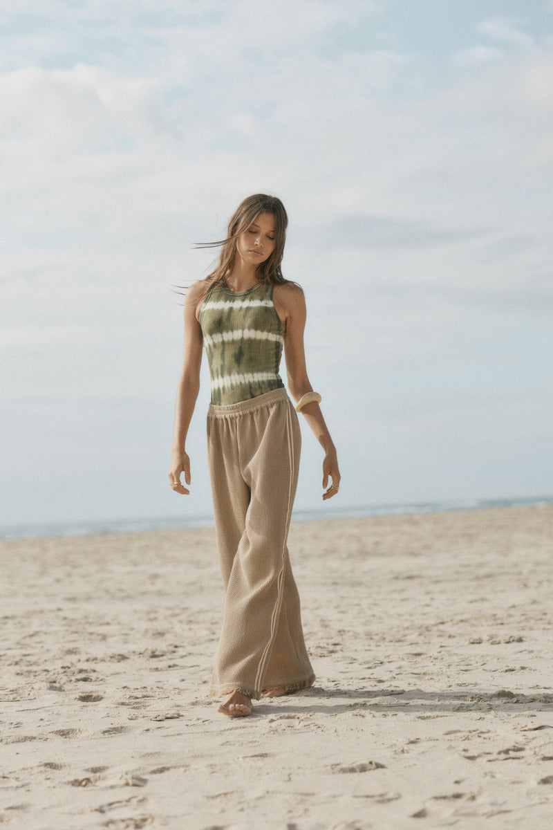 womens taupe cotton waffle pant with side stripe 