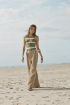 womens taupe cotton waffle pant with side stripe 