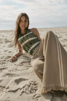 womens taupe cotton waffle pant with side stripe 