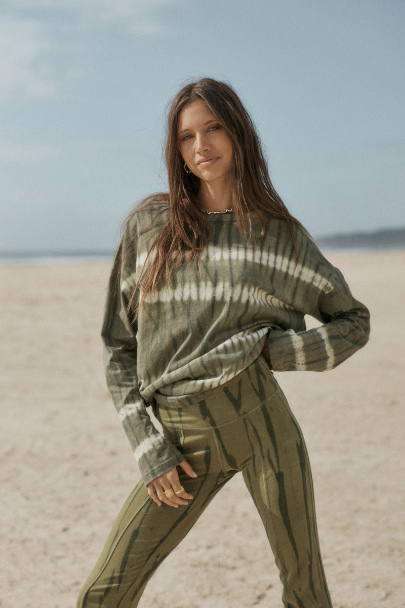 womens olive cotton tie dye long sleeve top front view