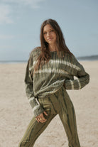 womens olive cotton tie dye long sleeve top front view