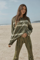 womens olive cotton tie dye long sleeve top front view