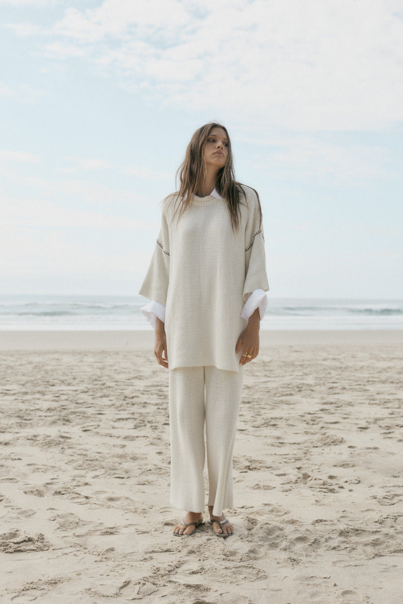 womens cotton cream knit pant front view