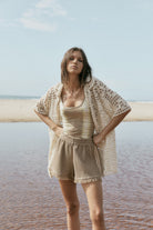 womens cotton waffle short with side stripe 