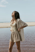 womens cotton waffle short with side stripe side view