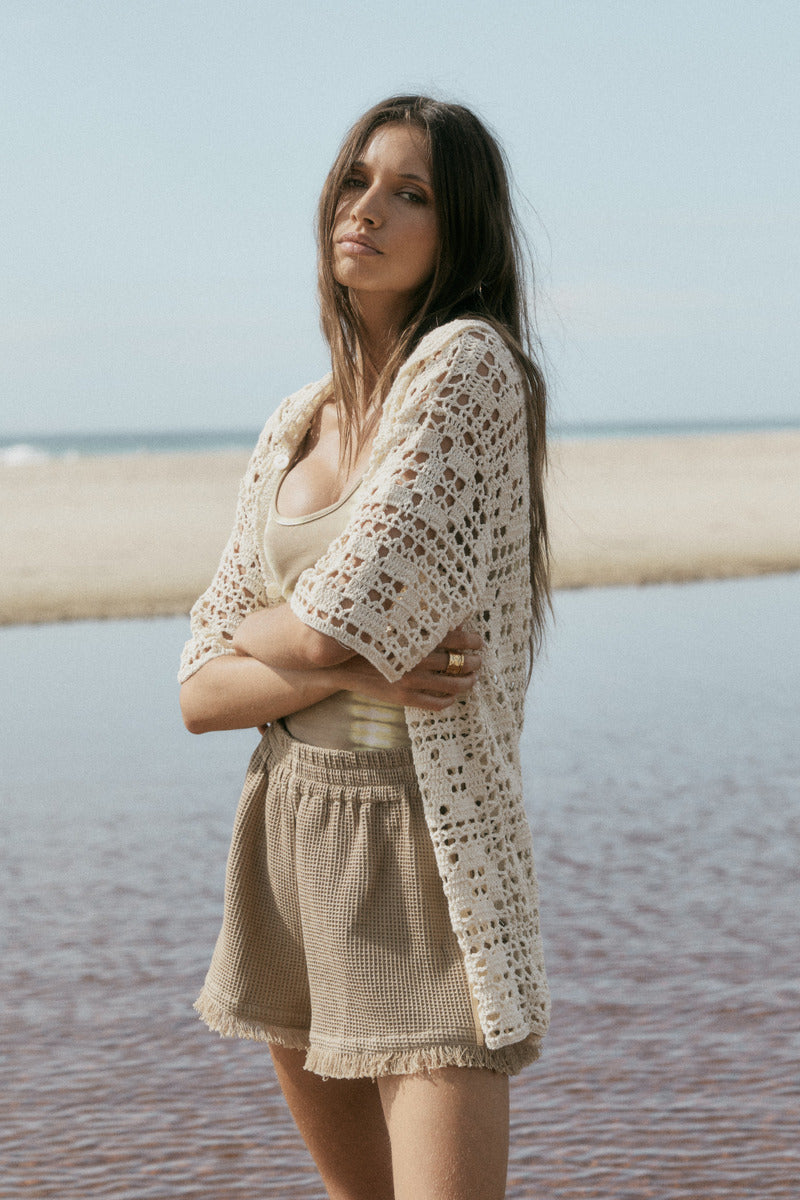 womens cream cotton crochet shirt front view