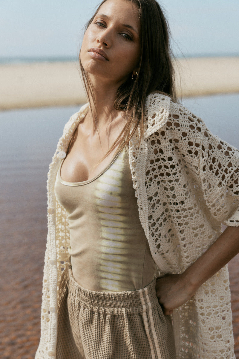 womens cream cotton crochet shirt side view