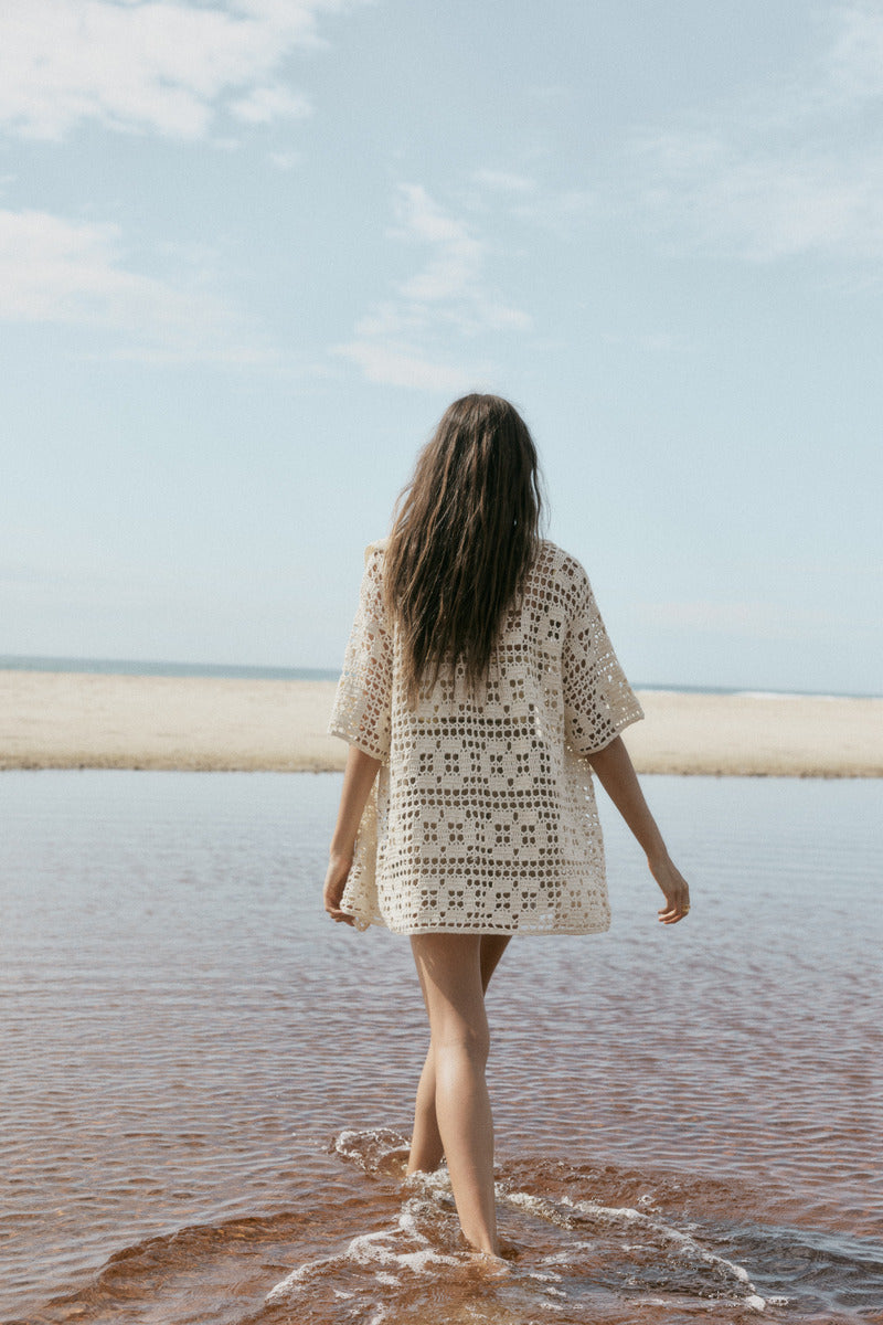 womens cream cotton crochet shirt back view
