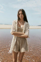 womens cotton waffle short with side stripe front view