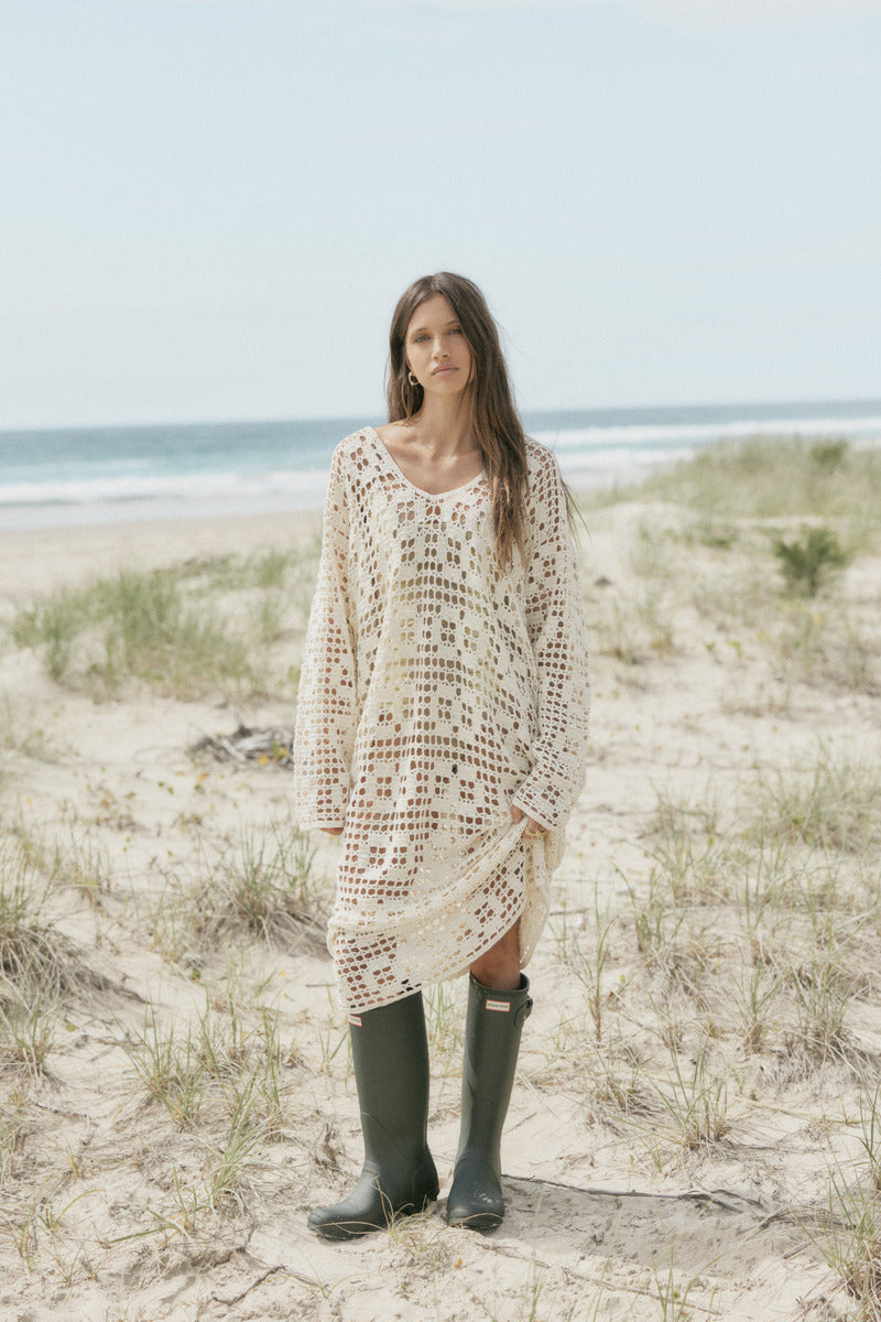 womens cream cotton crochet maxi dress front view